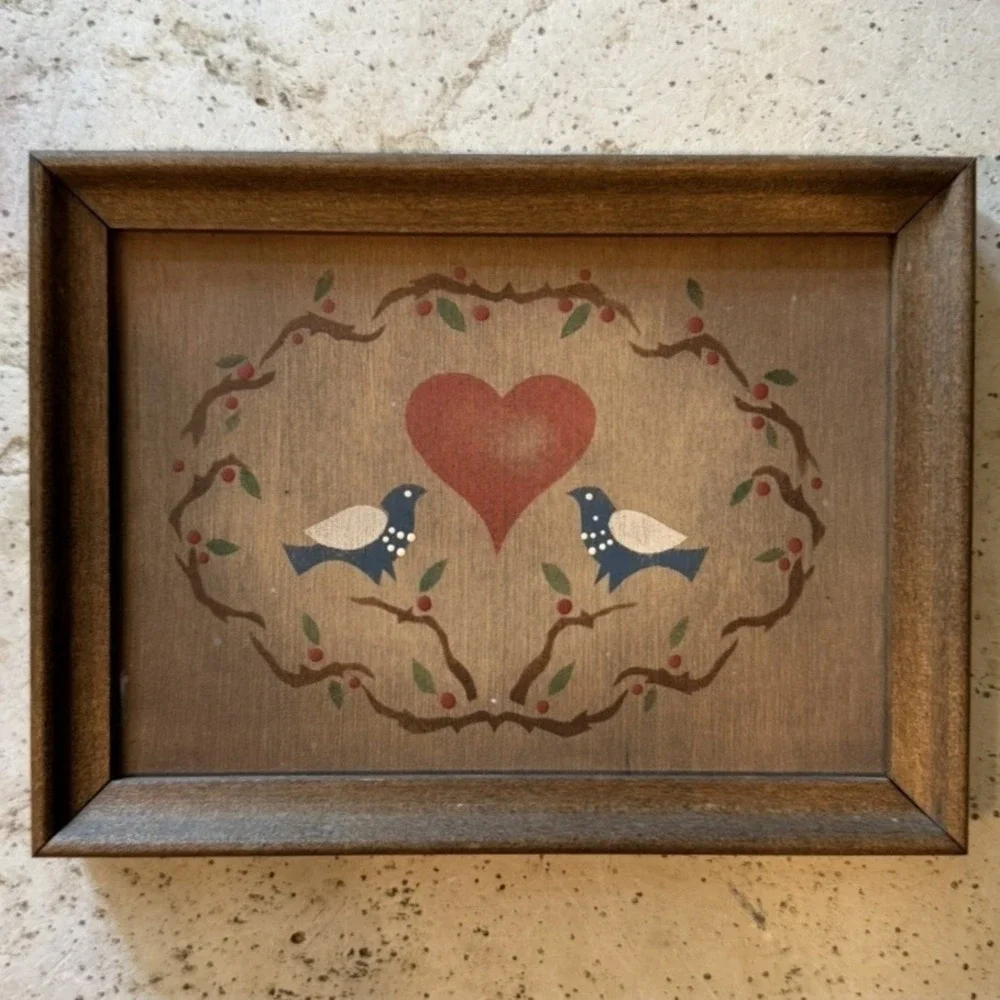 VTG 80s Wood Hand Painted Framed Art Cottage Core Granny Country Birds Heart 8x6
